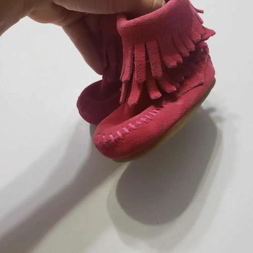 Minnetonka Girls 1 Ankle Booties Leather Pink Double Fringe Side Zip Shoes‎